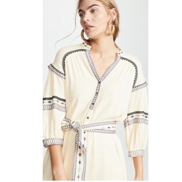 BA&SH Patty Embroidered Button Front Tie Waist Midi 3/4 Sleeve V-Neck Dress - Picture 7 of 13